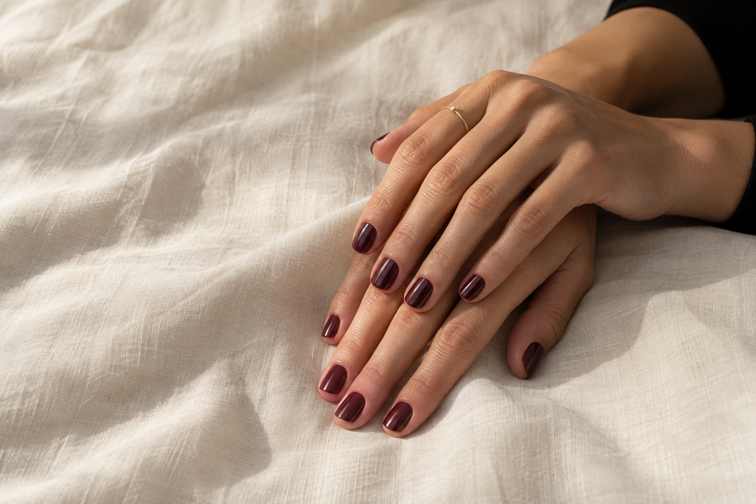 Manos con uñas esmaltadas en bordó sobre lino crema